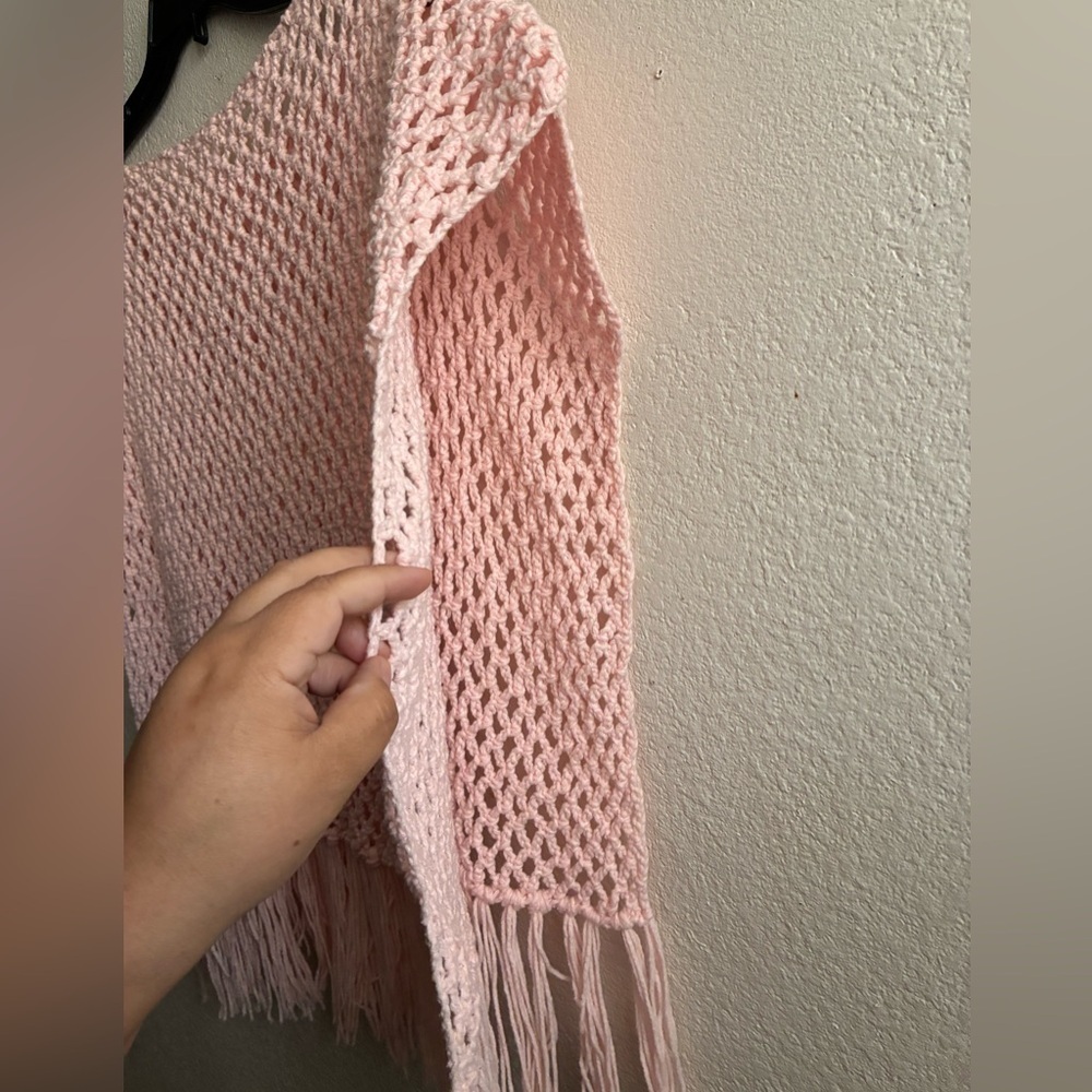 Pink Fringe Knit Sweater Poncho OS - Picture 7 of 8